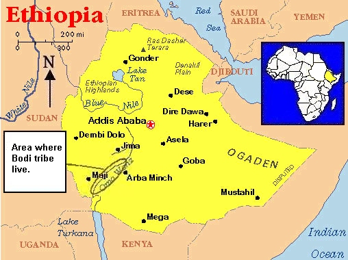 Map of Ethiopia showing the area where the Bodi tribe live, near Lake Turkana in the south west