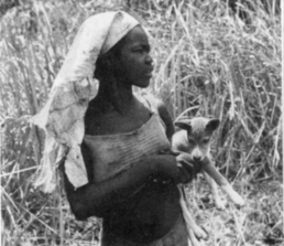 A young woman carrying a basenji puppy in the African bush