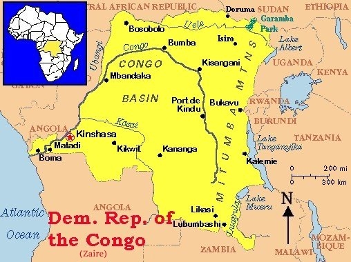 Map of the Democratic Republic of the Congo, formerly Zaire, with Doruma marked in the northeast near the Sudan border