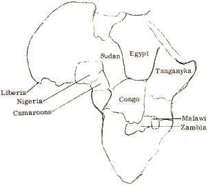 Map of central Africa showing the regions where basenjis are, or were, found